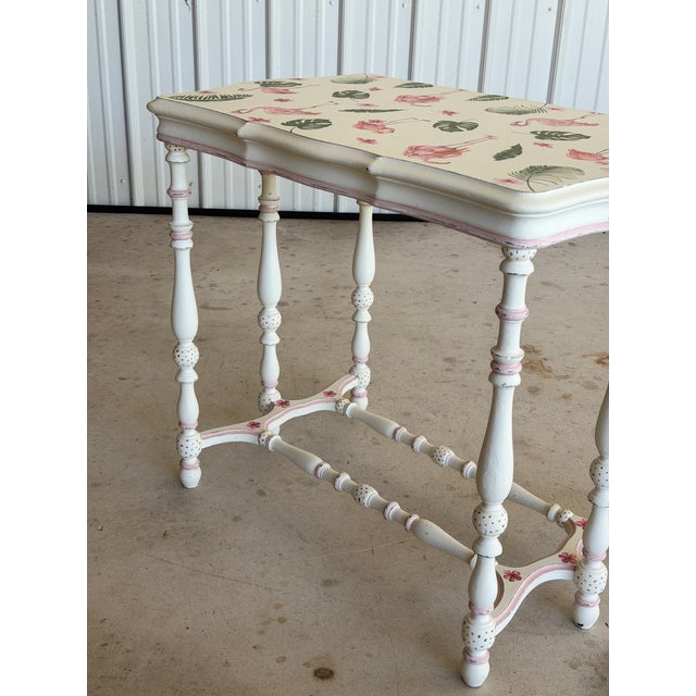 Antique Console Table With Custom Flamingo Decoupage Top | Hand-Painted Coastal Piece For Sale In Naples, FL - Image 6 of 12