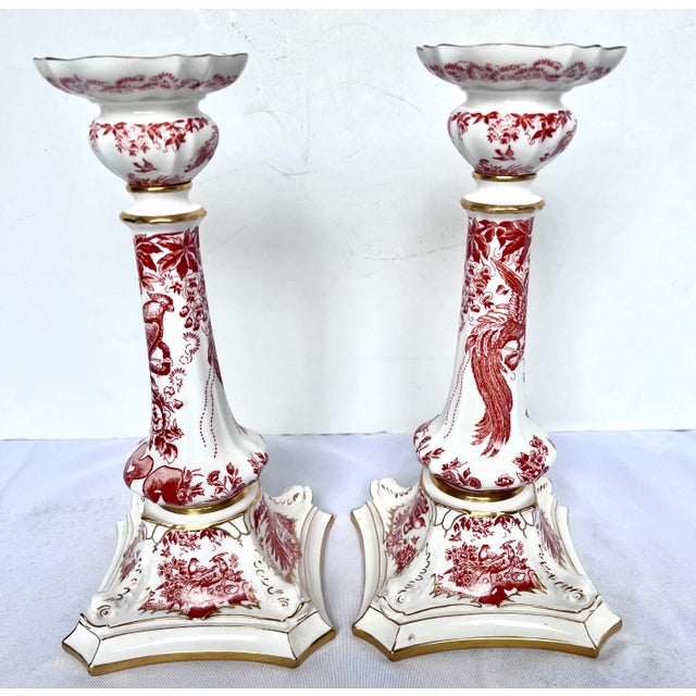 1981 Royal Crown Derby "Red Aves" Fine Bone China Candlesticks - A Pair For Sale - Image 13 of 18