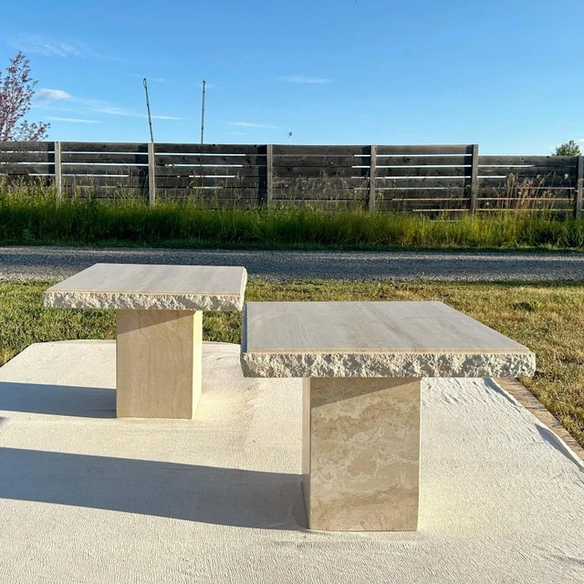 Rough Cut Edge Travertine Side Tables - A Pair For Sale - Image 4 of 12