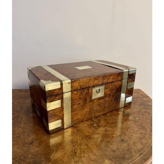 Antique Victorian quality burr walnut brass bounded writing box, having a quality antique Victorian burr walnut brass...