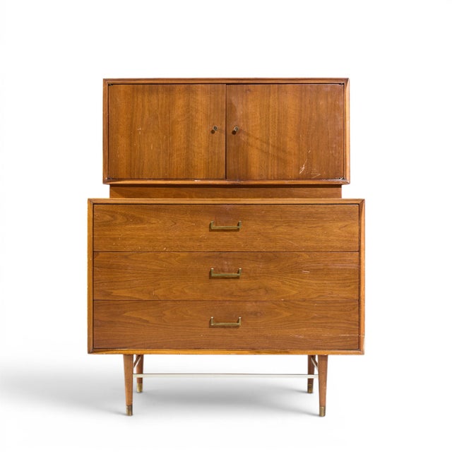 Paul McCobb Style Furnette Mid Century Walnut and Brass Highboy Dresser This highboy measures: 40 wide x 19 deep x 49.5...
