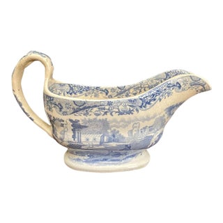 Antique Staffordshire Blue & White Transferware Gravy Boat, English Circa 1850-1870 For Sale