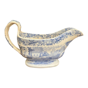 Antique Staffordshire Blue & White Transferware Gravy Boat, English Circa 1850-1870