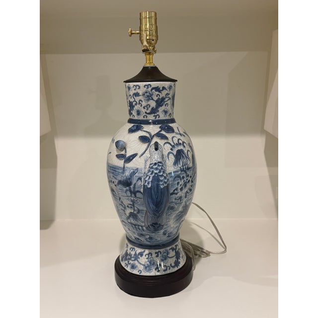 Large Scale Chinoiserie Blue and White Porcelain Table Lamp With Sculptural Bird Handles For Sale In Little Rock - Image 6 of 14