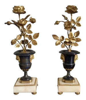 18th Century French Louis XVI Period Fire Gilt Bronze and White Marble Urn Form Candelabra Candlesticks - A Pair