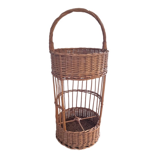 Vintage 1960s French Wicker Tall Bottle Basket Wine Bar For Sale