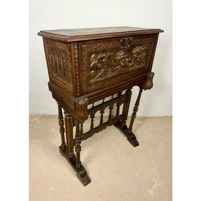 Spanish Carved Wood Bargueño with Figural Decoration, 1940 For Sale - Image 11 of 14