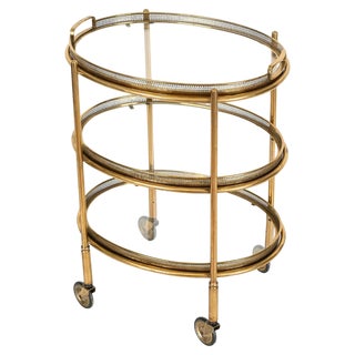 Mid-Century Modern French Oval Bar Cart in Brass and Crystal from Maison Jansen, 1950s For Sale