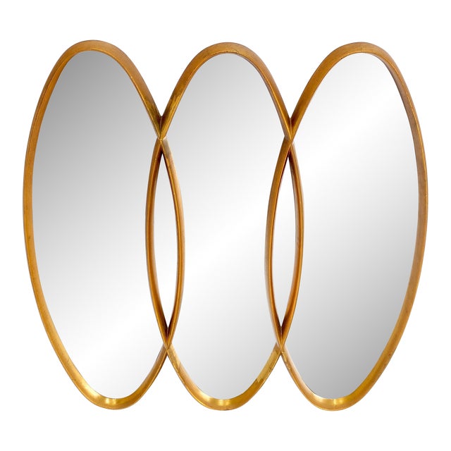 Mid-Century Modern Tripple Overlapping Carved Wood Ovals Gold Gilt Wall Mirror For Sale