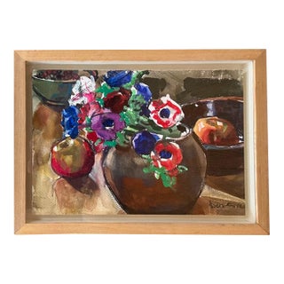 Modernist Floral Still Life Watercolor Anemones and Apples by Evangeline Smedley in Custom Shadow Box Frame 1986 For Sale