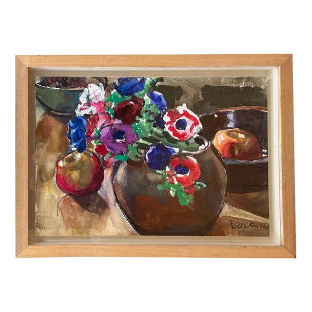 Modernist Floral Still Life Watercolor Anemones and Apples by Evangeline Smedley in Custom Shadow Box Frame 1986 For Sale