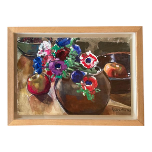 Modernist Floral Still Life Watercolor Anemones and Apples by Evangeline Smedley in Custom Shadow Box Frame 1986