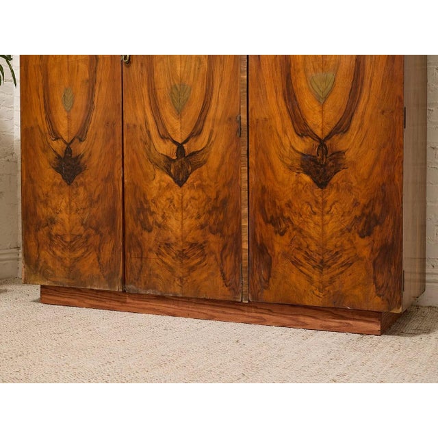 Vintage Art Deco Burl Wood Wardrobe Armoire With Hand-Painted Botanical Doors For Sale - Image 9 of 9