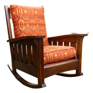 Arts & Crafts Style Stickley Bow Arm Oak Rocker With Loose Cushions For Sale