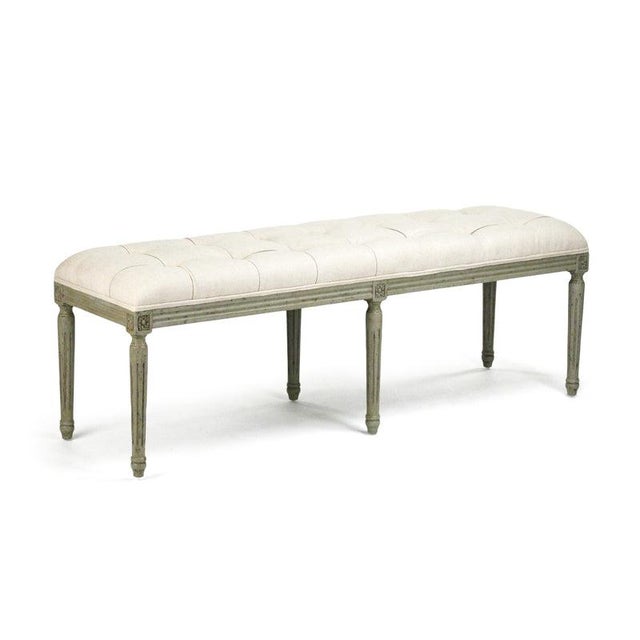Louis Tufted Bench - Ivory Linen / Olive Painted Frame For Sale - Image 4 of 4
