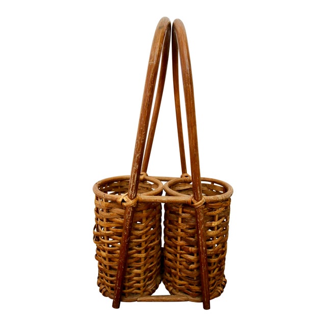 Bamboo Rattan Double Wine 2 Bottle Holder Caddy Basket Chairish