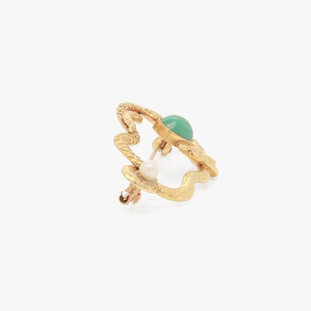 Metal Antique Victorian 14k Gold, Turquoise, & Seed Pearl Intertwined Snakes Brooch For Sale - Image 7 of 12