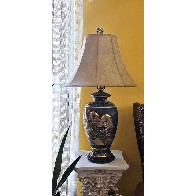Vintage Japanese Satsuma Moriage Porcelain Table Lamp With Buddhist Immortals For Sale - Image 17 of 18