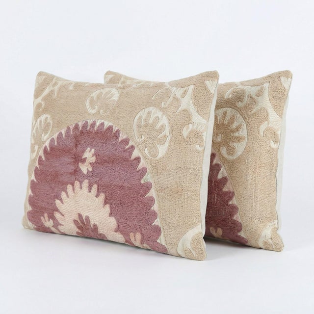 Mid-Century Modern Tashkent Suzani Lumbar Pillow Cover 16'' X 24'' - Set of Two For Sale - Image 3 of 4