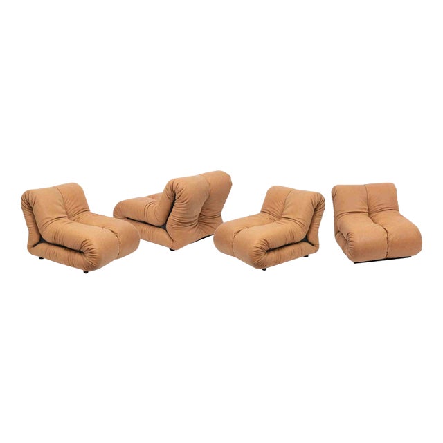 Pagrù Lounge Chairs in Velvet and Leather by Claudio Vagnoni for P1, 1969, Set of 4 For Sale