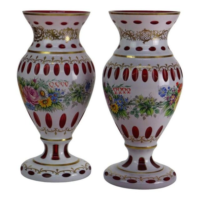 Pair Oversized Hand Painted & Gilt Cut to Cranberry Bohemian Glass Vases C1890 For Sale - Image 6 of 6