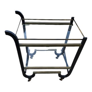 Mid 20th Century Curvaceous Art Deco Wood, Brass and Glass Serving Cart Folds Up For Sale