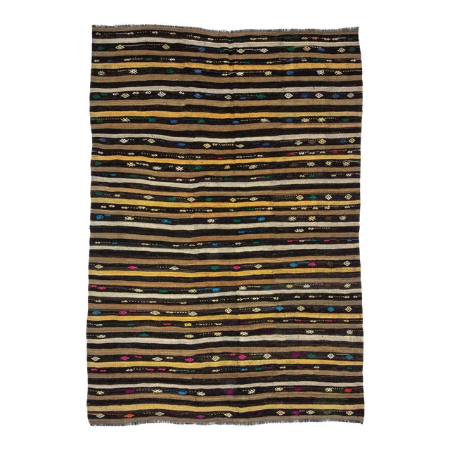 Vintage Embroidered Striped Kilim Rug-7'1'x10'7" For Sale