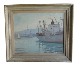 1958 Fritz Kocher Trujillo Yacht (Sea Cloud) and Freighter Oil on Canvas Painting, Framed