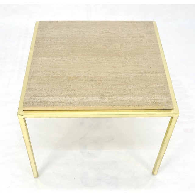 Metal Mid Century Modern Brass & Travertine 19x19” Square Side End Table Stand MINT For Sale - Image 7 of 14