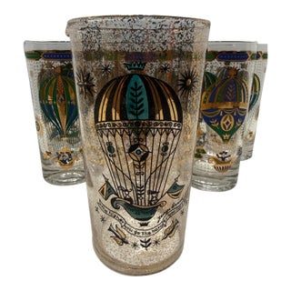 1950s Mid-Century Modern Signed Georges Briard 22k Gold Hot Air Balloon Cocktail Set Pitcher & 7 Glasses - 8pcs For Sale