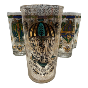 1950s Mid-Century Modern Signed Georges Briard 22k Gold Hot Air Balloon Cocktail Set Pitcher & 7 Glasses - 8pcs