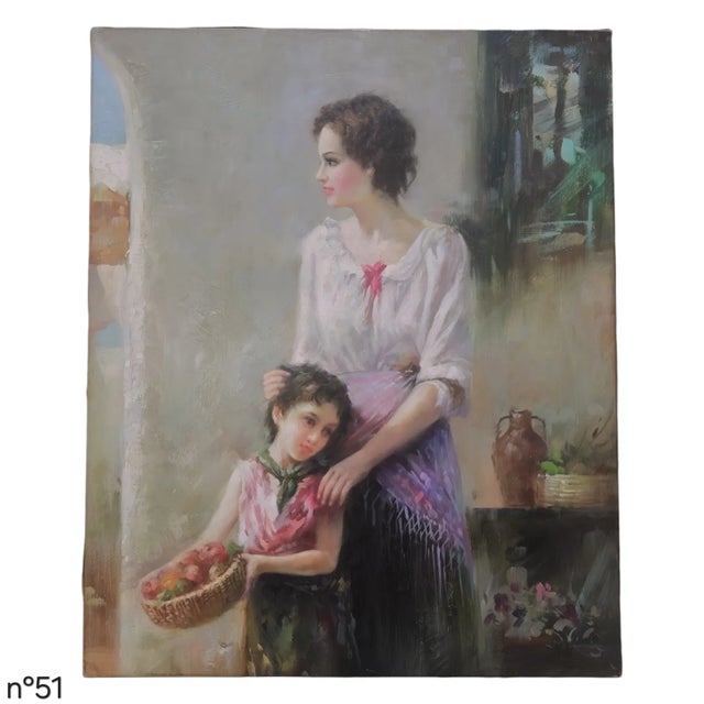 Oil on canvas, signed S. Hills, circa late 20th century. Depicting a standing mother with a child holding a basket of...