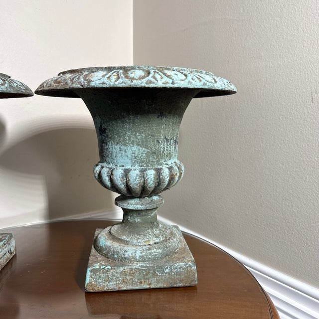 French Country Vintage Pair French Country Cast Iron Verdigris Green Garden Urns Planters For Sale - Image 3 of 8