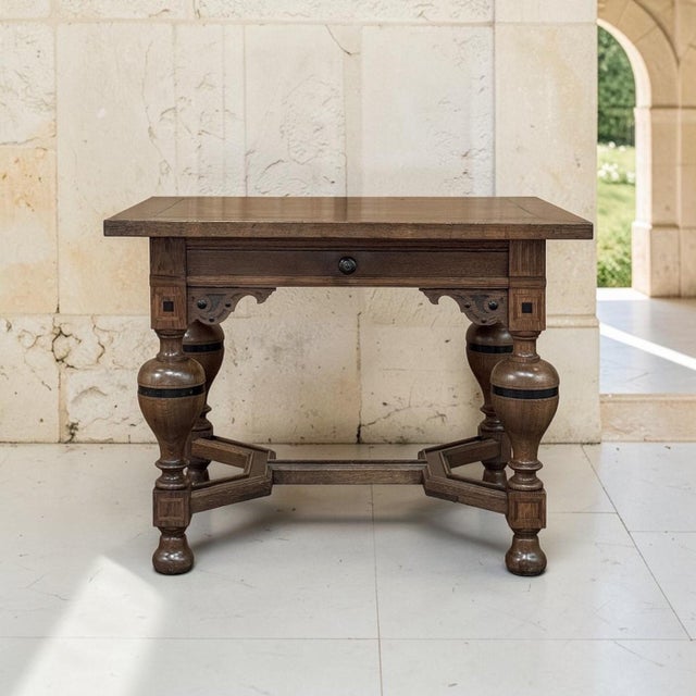 The bold turnings and ebonized accents give this 19th century Dutch oak table its distinctive character. Its design draws...