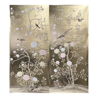 Gold Leaf Chinoiserie Hand-Painted Bird & Floral Wall Panels (Set of 2) For Sale