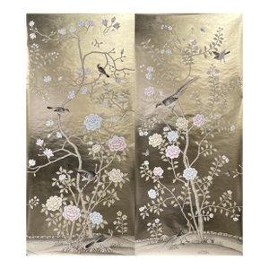 Gold Leaf Chinoiserie Hand-Painted Bird & Floral Wall Panels (Set of 2)