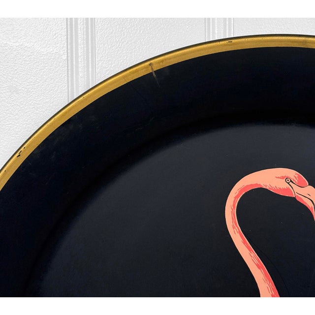 1950s Mid-Century Florida Regency Flamingo Metal Round Serving Tray Wall Art - 19" For Sale - Image 5 of 9