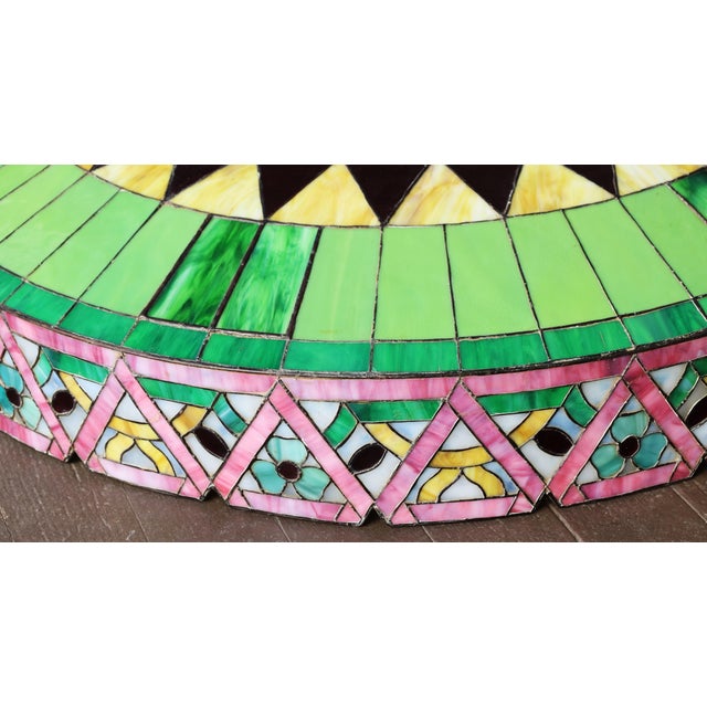 Tiffany / Handel Era Large 33 inch Diameter Geometric Leaded Stain Glass Shade - Colorful in Greens, Yellows, Pink Braided...