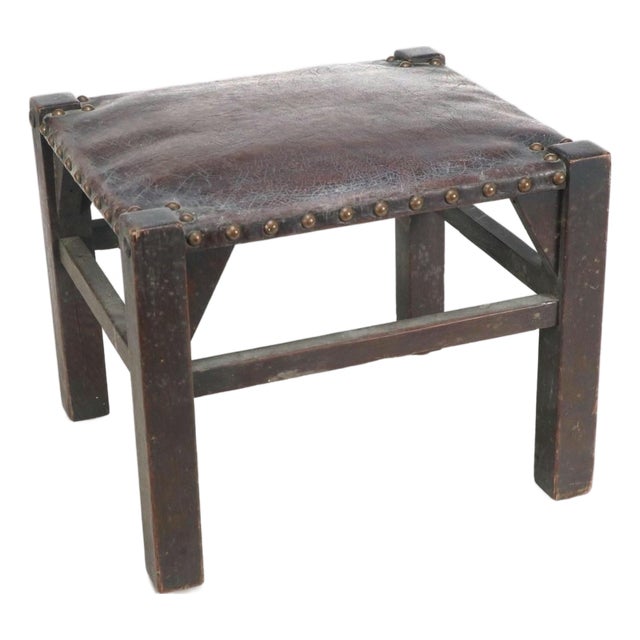 Vintage Leather Footstool With Hand-Tacked Nailhead Detail For Sale