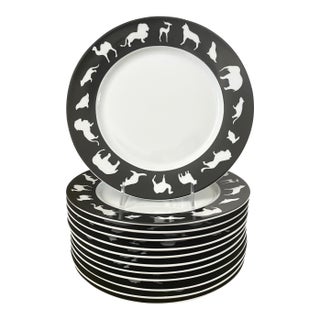 Set of 12 Vintage Block Black & White Wildlife Dinner Plates, Spal Portugal For Sale