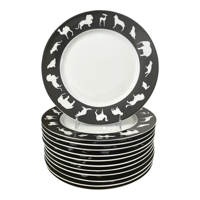 Set of 12 Vintage Block Black & White Wildlife Dinner Plates, Spal Portugal For Sale