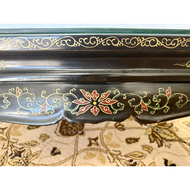 Chinoiserie Mid 20th Century Chinoiserie Black Lacquer Coffee Table With Carved Hard Stone Art For Sale - Image 3 of 10