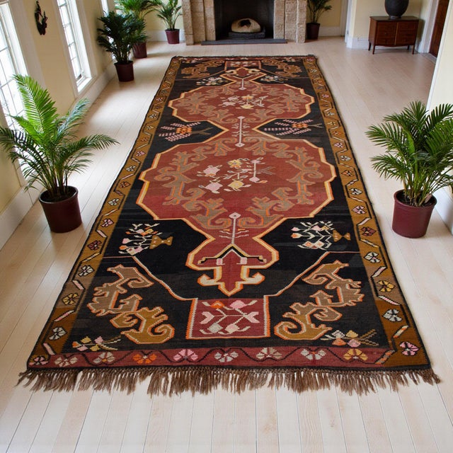 Contemporary Handwoven Turkish Rug Kilim Muted Earth Tones Long Wide Runner Rug. - 4′9″ X 13′4″ For Sale - Image 3 of 16