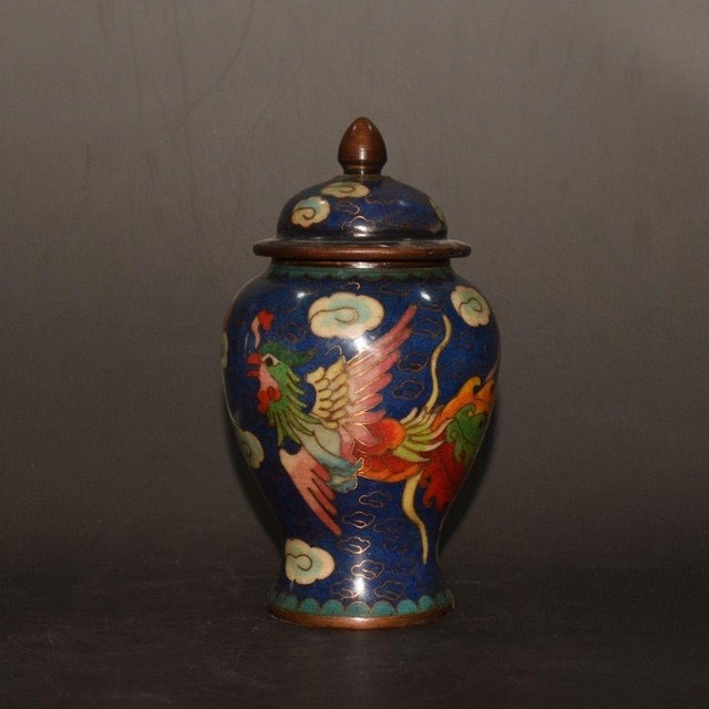 Copper Pair of Vintage Chinese Cloisonné Dragon & Phoenix Ginger Jars With Copper Finials For Sale - Image 8 of 9