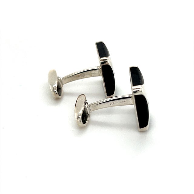 Metal 1990s Pair of Bulgary Estate Onyx Cufflinks Sterling Silver 19.24 Grams For Sale - Image 7 of 10