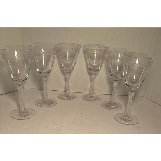 Glass Set of 6 Vintage Fostoria Laurel Etched Crystal Traditional Wine Goblets, 7.5” Elegant Stemware For Sale - Image 7 of 7