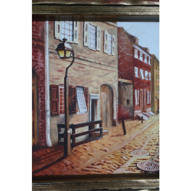 Vintage Roger Merkel Signed Cobblestone Street Oil Painting—Gilt Framed For Sale - Image 11 of 15