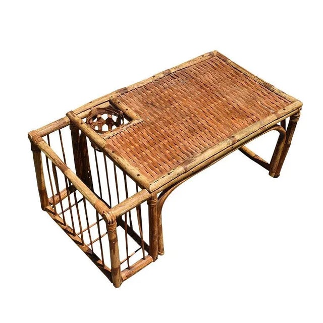 Burnt Tortoise Wood Bamboo Breakfast Bed Tray With Magazine Rack and Cup Holder For Sale - Image 11 of 11