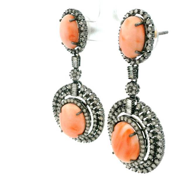 Indian Coral and Diamond Drop Earrings in Oxidized Silver, Circa 1980, A Pair For Sale In Miami - Image 6 of 9
