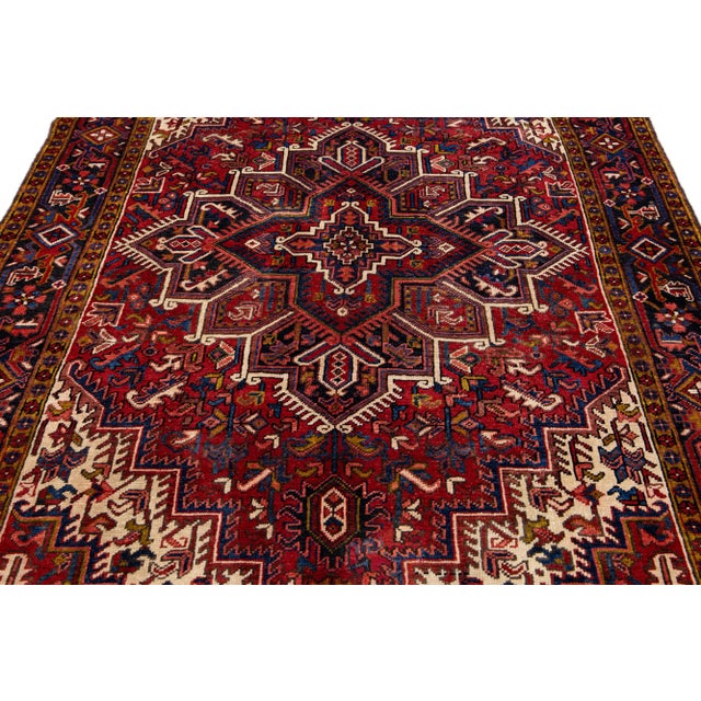 Islamic Vintage Handmade Heriz Red Medallion Wool Rug 7'10" X 11'3" For Sale - Image 3 of 10